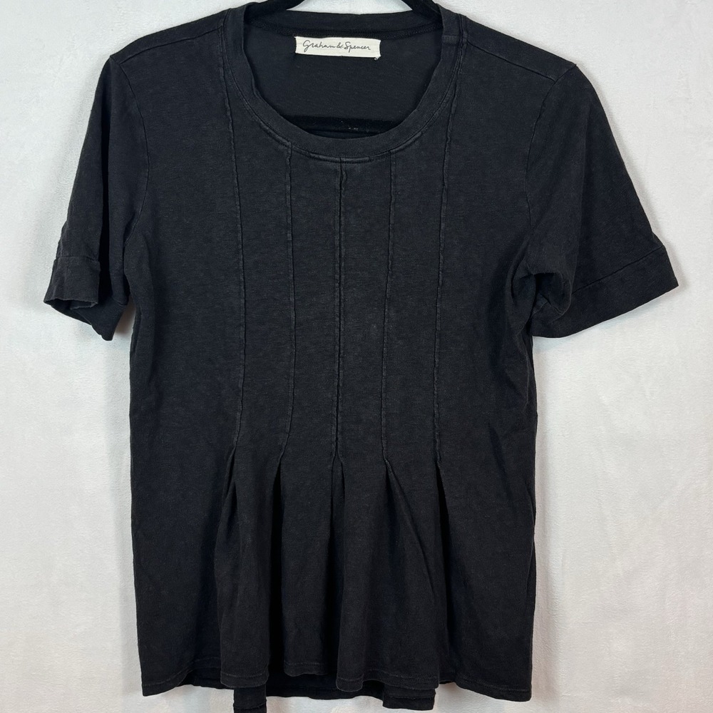 Graham & Spencer Womens Cotton Bamboo‎ Short Sleeve Black Pleated Tee SZ Small